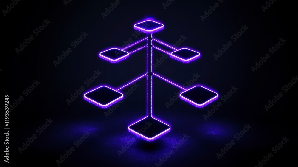 Poster a captivating neon tree structure with glowing purple branches and geometric shapes, symbolizing gro