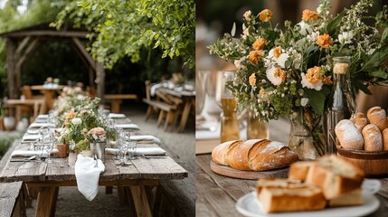 A rustic outdoor brunch with wooden tables, fresh bread, and floral centerpieces