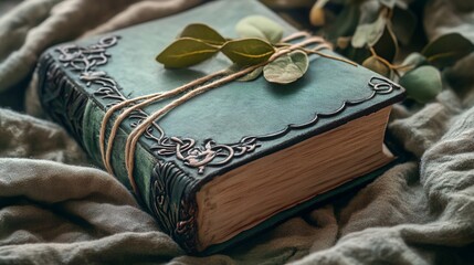 An antique teal leather journal rests on fabric