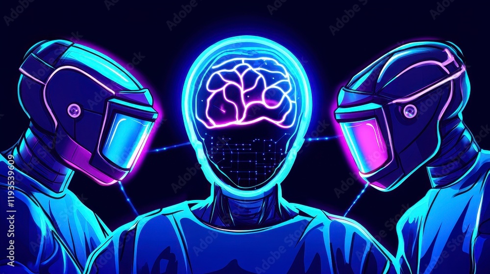 Poster futuristic depiction of ai-human interaction with glowing brain and cybernetic figures in a high-tec