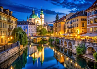 Obraz premium Ljubljana Old Town Night Photography: Charming River & Medieval Architecture
