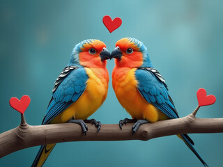 Obraz premium Una Pareja De Pájaros Se Posa Sobre Una Rama De Un Árbol Con Símbolos De Amor Y Corazones En Fondo Azul Marino. 00001