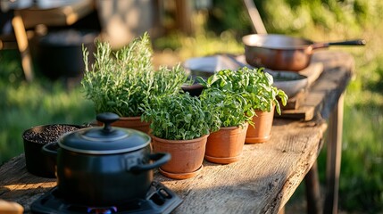 A rustic outdoor cooking class with a portable stove and fresh herbs in pots