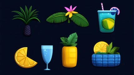 A vibrant tropical collection featuring assorted fruits, drinks, and foliage, perfect for summer-themed designs.