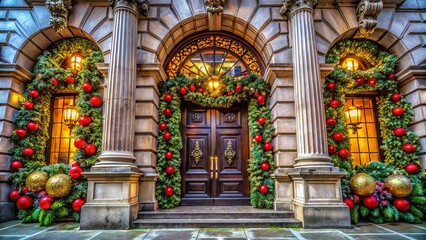 London Bank Building Entrance Festive Decor, Holiday Season, UK