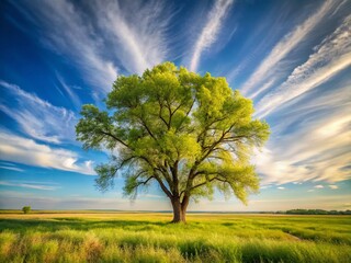 Fototapeta premium Lone Cottonwood Tree, Cirrus Clouds, Somme Prairie Nature Preserve, Illinois - Documentary Photography