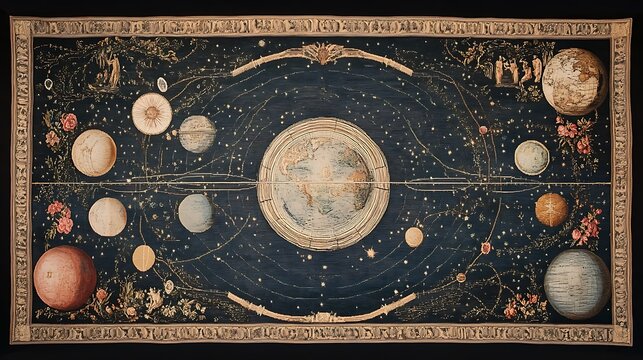 An antique tapestry depicting a geocentric model of the universe