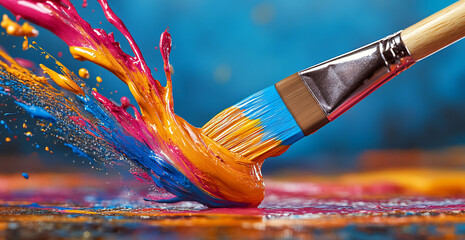Colorful paint splash, brush, art, studio, creative process, background, vibrant, texture, website, advertisement
