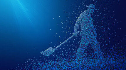 Road worker of the particles. Worker standing with a shovel. Worker consists of small circles.
