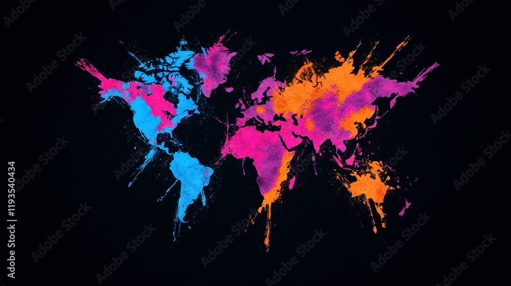 Poster colorful artistic representation of a world map showcasing vibrant splashes of paint in distinct col