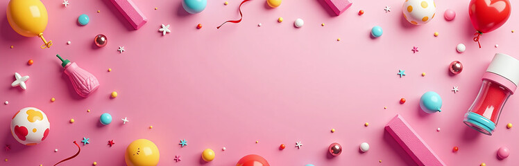 Vibrant Web Banner Features A Pink Background With Various Elements Flying Around The Inscription, Where You Can Add Your Own Message. 00001