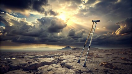 Lonely Crutch in Desolate Landscape: 3D Illustration of Isolation