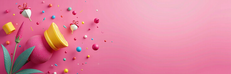 Vibrant Web Banner Features A Pink Background With Various Elements Flying Around The Inscription, Where You Can Add Your Own Message. 00002