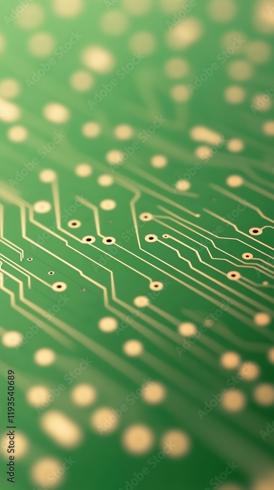 Poster extreme close up of green printed circuit board with electronic lines focusing on chip connections a