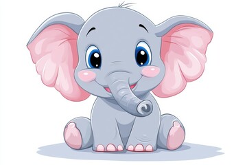 Cute elephant illustration sitting happily with oversized ears and big blue eyes in a cheerful cartoon style. Generative AI