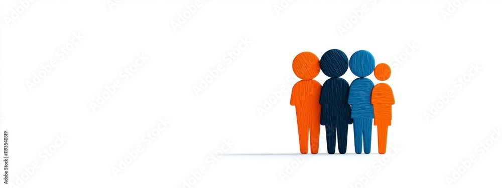 Poster group of colorful wooden figures representing unity and diversity in a minimalist setting with an em