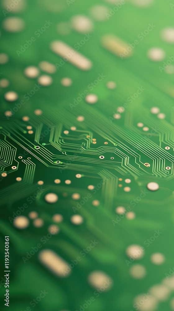 Poster extreme close up of green printed circuit board with intricate electronic patterns and components hi