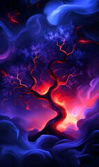 A stunning, surreal representation of a mystical tree illuminated by vibrant colors against a dark, swirling backdrop.