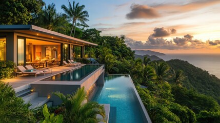 Luxurious villa with an infinity pool overlooking ocean at sunset, surrounded by lush nature