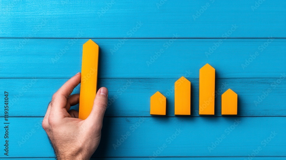 Poster a hand holding a tall yellow building block beside a row of shorter yellow blocks representing a bar