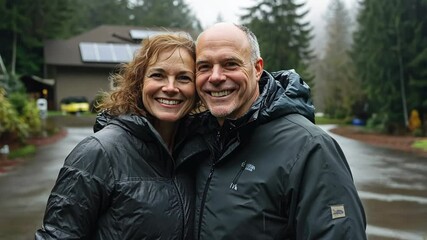 Happy couple enjoying a rainy day outside their home in a wooded area of the Pacific Northwest