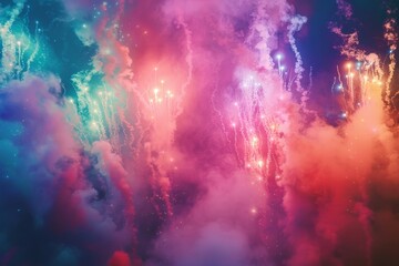 Vibrant fireworks explode in colorful sky