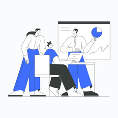 Team collaboration in a meeting room with presentation in flat vector illustration symbolizing teamwork, business strategy, and professional growth, isolated on white background.