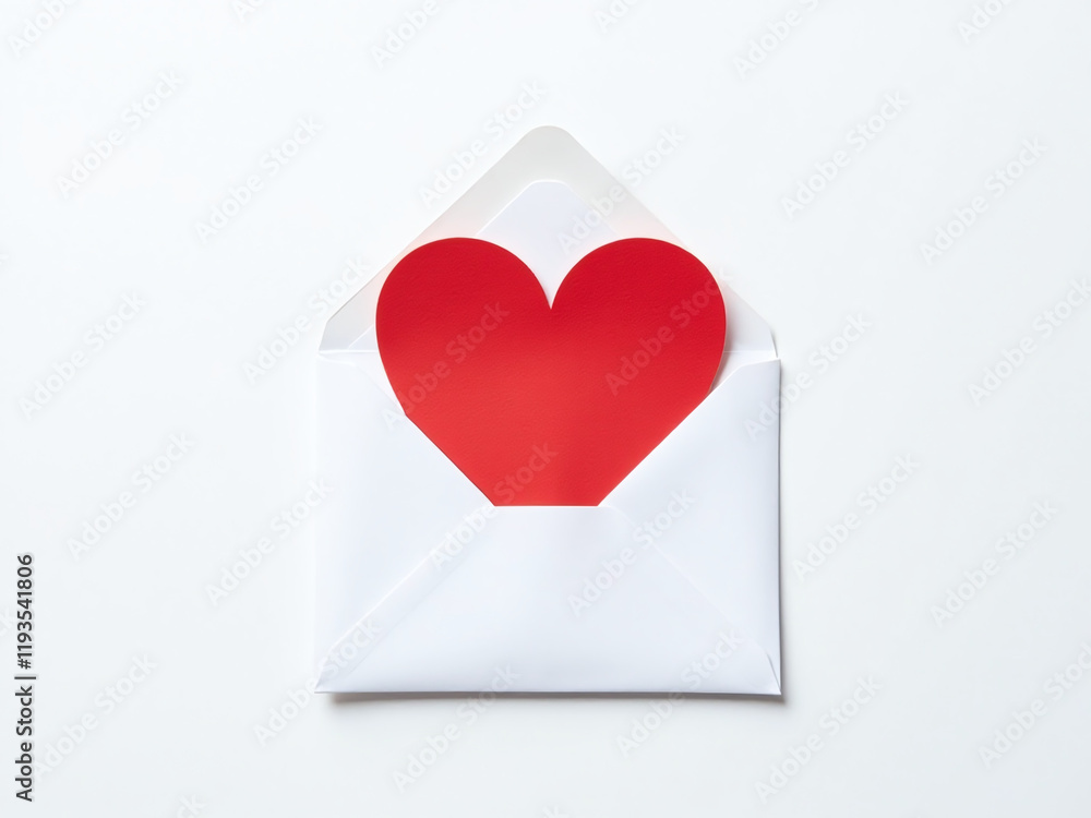 Poster a bright red heart pattern is visible from above on a plain white envelope against a clean white bac