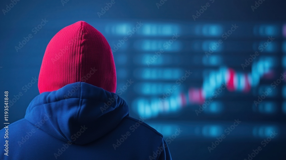 Poster hacker manipulating stock market data, symbolizing cybersecurity threats and financial vulnerability