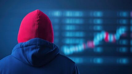 Hacker Manipulating Stock Market Data, Symbolizing Cybersecurity Threats and Financial Vulnerability in Digital Trading Environments with Blurred Electronic Graphs