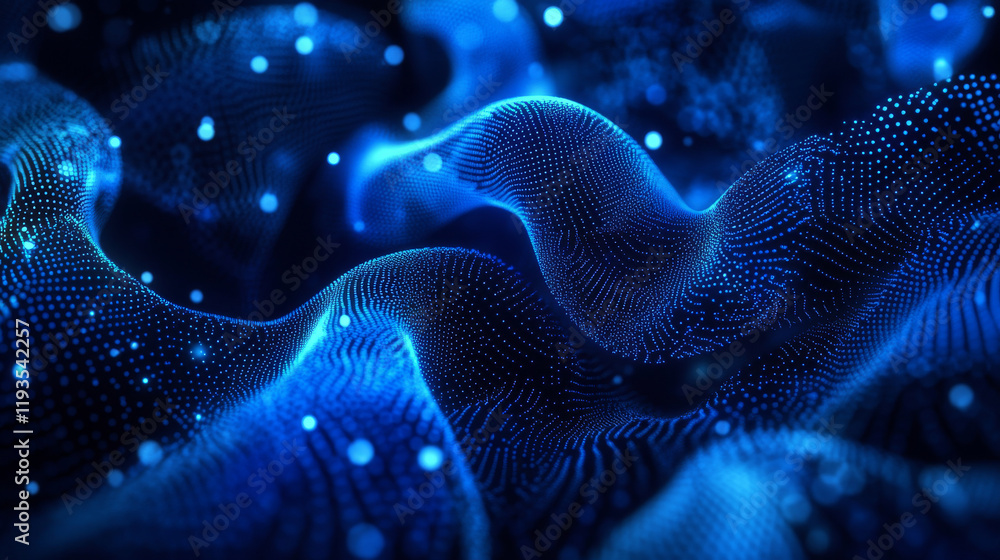 Poster run out of particles. the runner consists of dots and circles. blue runner on a dark background