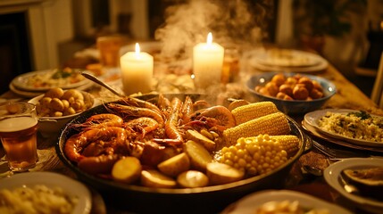 Naklejka premium A Delicious Seafood Boil With Corn and Potatoes
