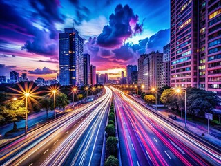 Fototapeta premium Long Exposure City Lights Trails at Night, Urban Nightscape Photography