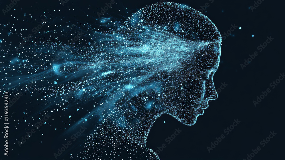 Poster run out of particles. the runner consists of dots and circles. blue runner on a dark background