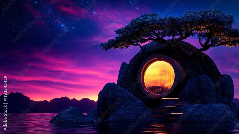 Poster enchanting twilight scene featuring a unique stone structure with a glowing round door surrounded by