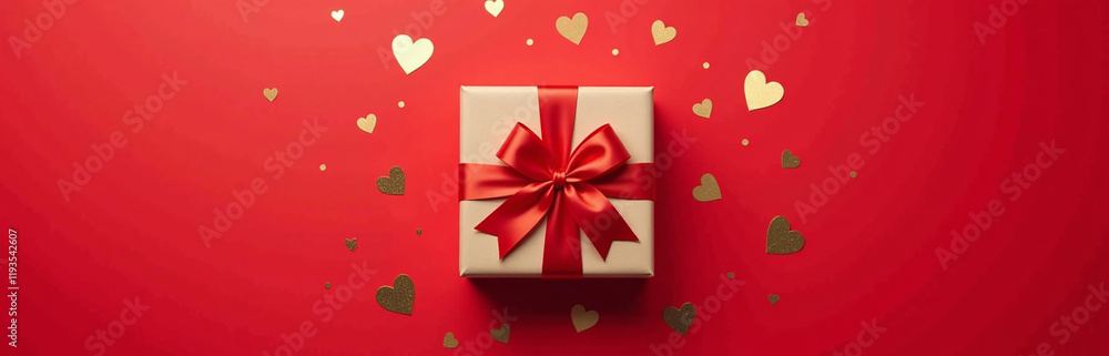 Poster a flat lay design features a gift box wrapped in satin ribbon, surrounded by golden hearts and confe