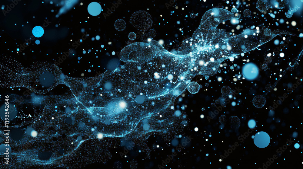 Poster run out of particles. the runner consists of dots and circles. blue runner on a dark background
