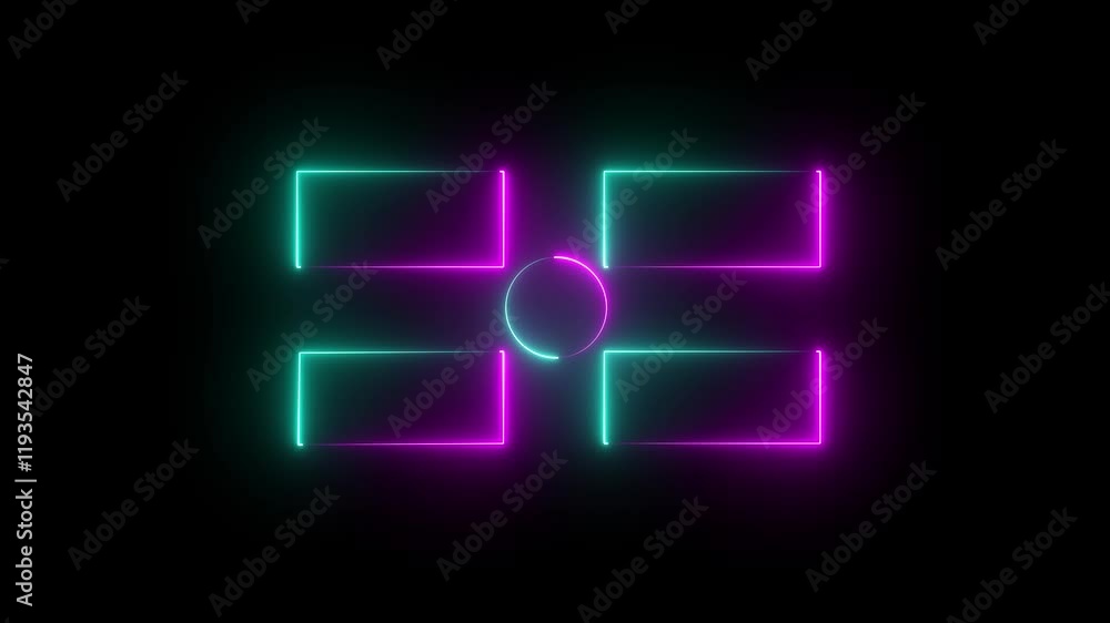 Poster rectangle and circle shape blank area colorful neon animation on black background. purple and cyan n