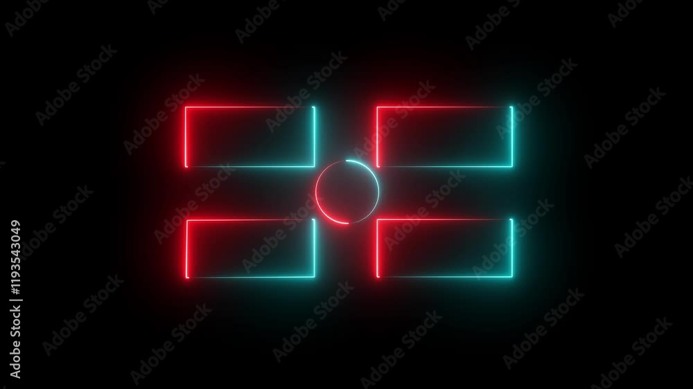 Poster rectangle and circle shape blank area colorful neon animation on black background .red and cyan neon