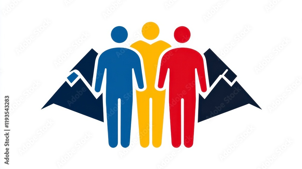 Poster colorful abstract representation of diversity and teamwork with stylized figures and mountain elemen