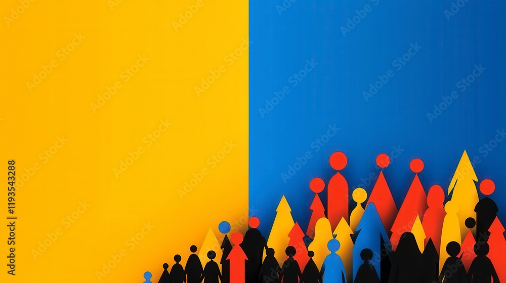 Poster abstract representation of unity and diversity with colorful figures against a vibrant yellow and bl