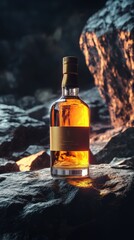 Golden Whisky Bottle on Dark Rocks