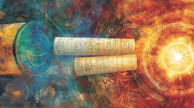 Vedic philosophy visualized ancient scrolls and cosmic diagrams highlighting spiritual wisdom and the philosophical principles of the Vedas