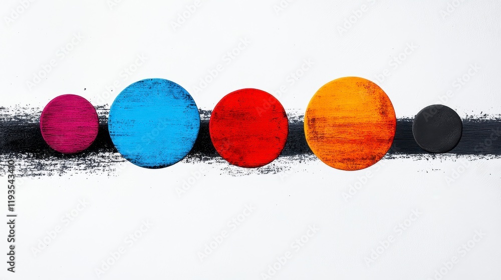 Poster colorful abstract art with circular shapes arranged in a line on a white background, emphasizing a b