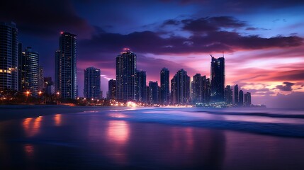 Obraz premium City Skyline at Dusk Beachfront Towers Reflecting Light