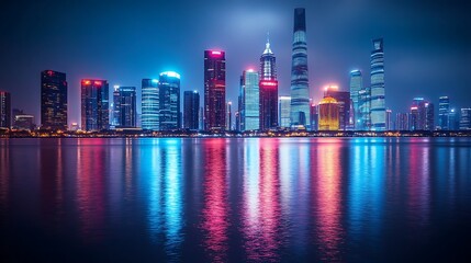 Fototapeta premium Nighttime City Skyline Reflected in Calm Water