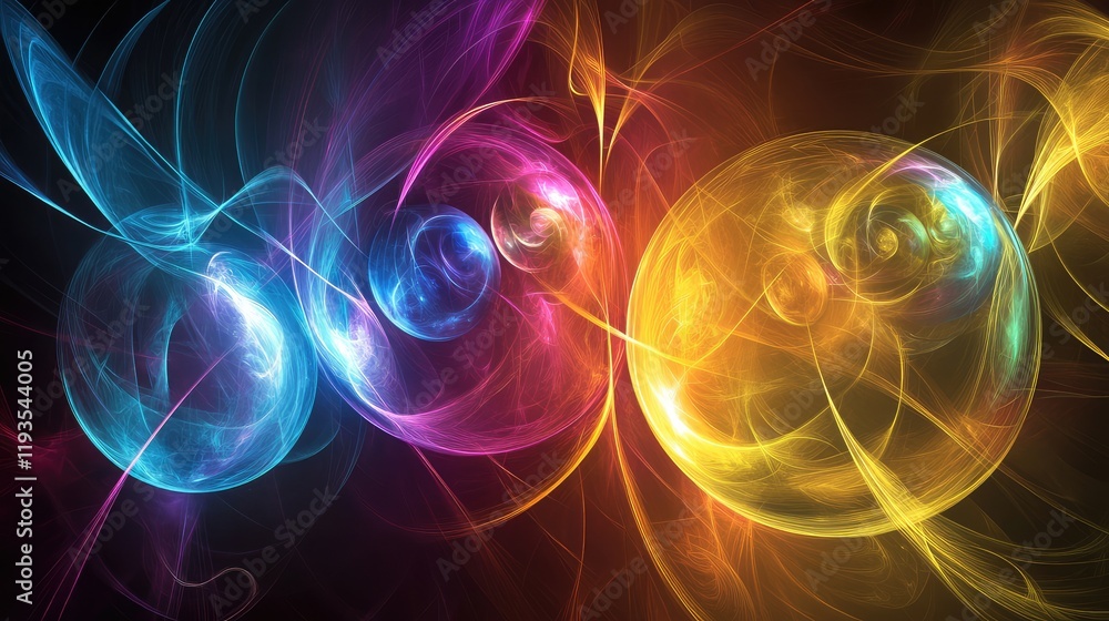 Poster conceptual image of quantum connectivity with entangled orbs glowing brightly in contrasting hues