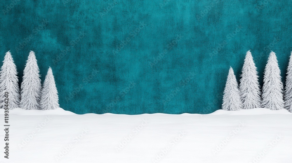 Poster winter wonderland setting with frosted pine trees against a textured teal backdrop, creating a seren