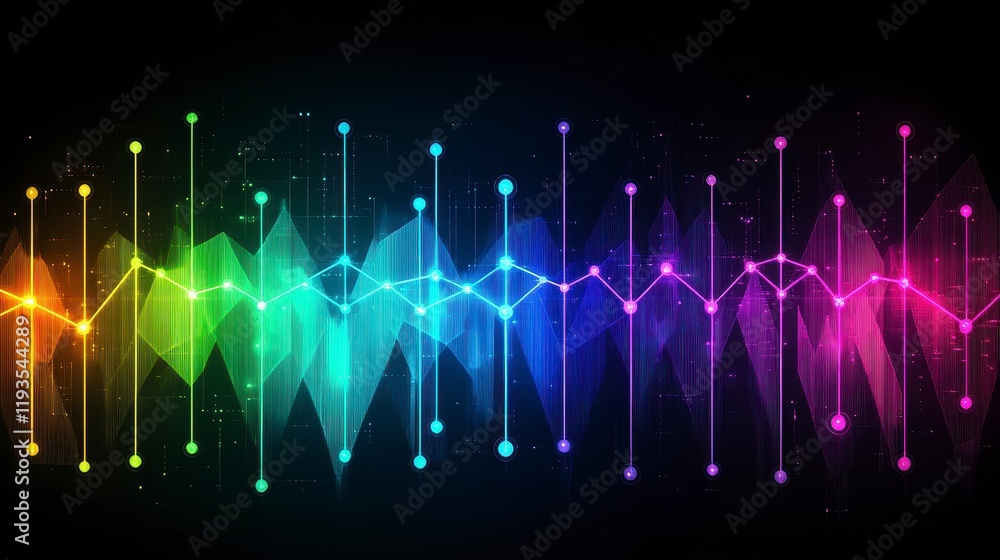 Poster colorful abstract sound wave pattern with varying amplitudes and frequencies against a dark backgrou