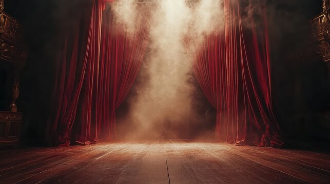  Empty wooden stage with red velvet curtains pulled back to reveal an open space. The classic theatrical frame is ideal for performances, events, or dramatic designs.